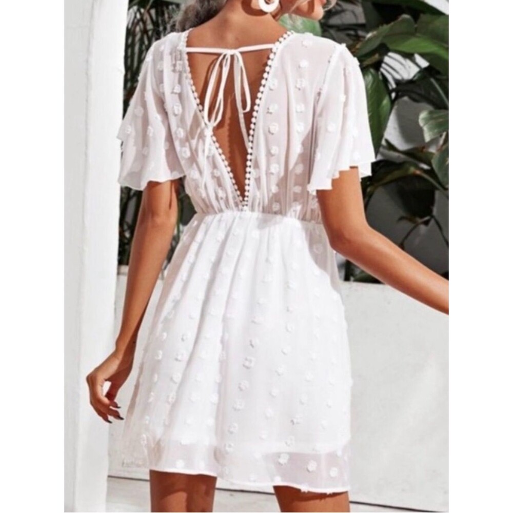 SHEIN White Pom Pom Flutter Sleeve Mini Dress - Picture 3 of 10